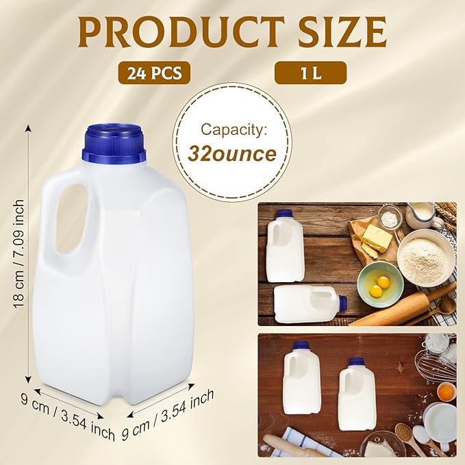 Mumufy 24 Pcs Plastic Mini Milk Jugs 32 oz Jugs with Lids Reusable and Refillable 1 Quart Plastic Containers with Lids Milk Bottles for Fridge Drinks Juice Water Sports Protein, Easy Grip