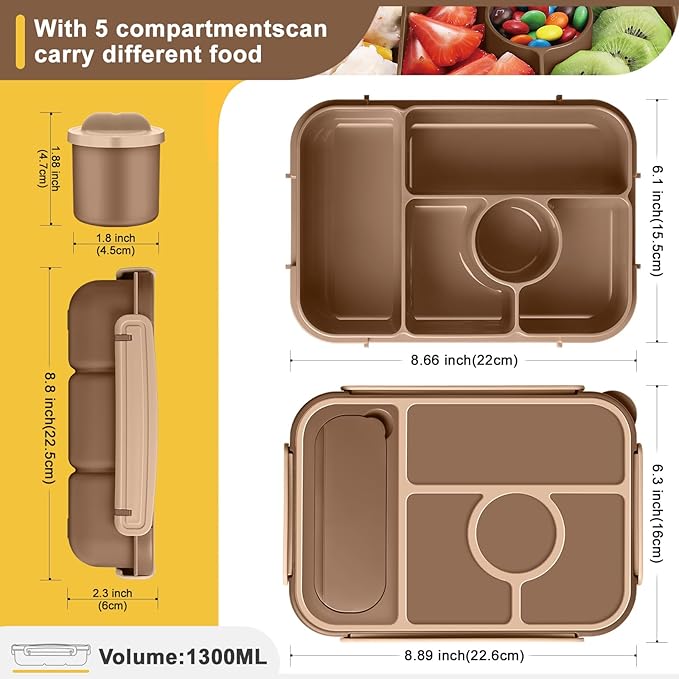 Amathley Bento Box Adult Lunch Box Kids,Lunch Containers for Adults/Kids/Toddler,5 Compartments Bento Lunch Box with Sauce Vontainers,Microwave & Dishwasher & Freezer Safe,BPA-Free (Brown)