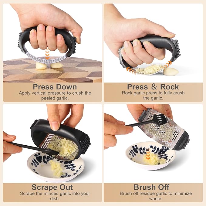 Garlic Press Rocker - Stainless Steel Garlic Mincer, Garlic Chopper, Garlic Crusher with Garlic Peeler and Cleaning Brush for Effortless Smashing Garlic.