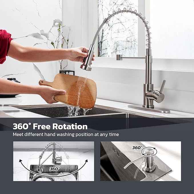 WEWE Kitchen Sink Faucet with Soap Dispenser, Kitchen Faucet with Pull Down Sprayer Stainless Steel Single Handle High Arc Pull Out Brushed Nickel Faucet for Bar Laundry RV Utility Sink