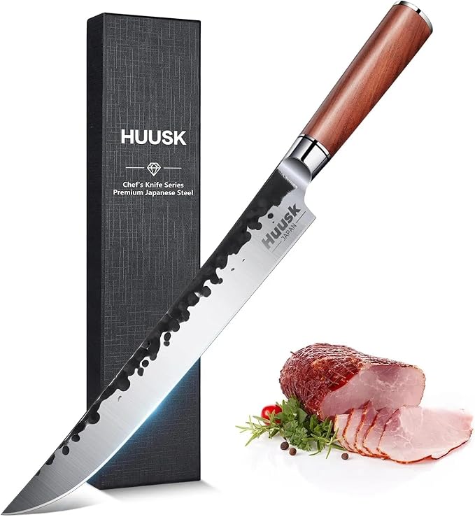 Huusk Japanese Brisket Slicing Knife - 10" Hand Forged Butcher Breaking Knife - Ultra Sharp Carving Knives for Meat BBQ Rib Roast - Grilling Gifts Idea for Men Smoker