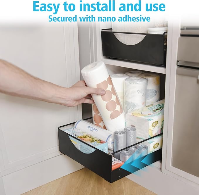 Under Sink Pull Out Organizer, Single-Tier Metal Drawer Slide Out Storage Shelf, No-Drill Nano Adhesive Installation, Fits 16"+ Deep Cabinets for Kitchen Bathroom Pantry Storage
