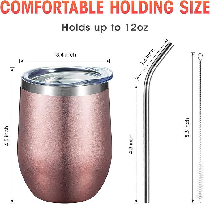 COMOOO Rose Gold Stainless Steel Wine Tumbler Bulk with Lid and Straw 12oz Double Wall Vacuum Insulated Travel Tumbler Cup for Coffee Wine Cocktails Ice Cream Cup Rose Gold, 16 pack