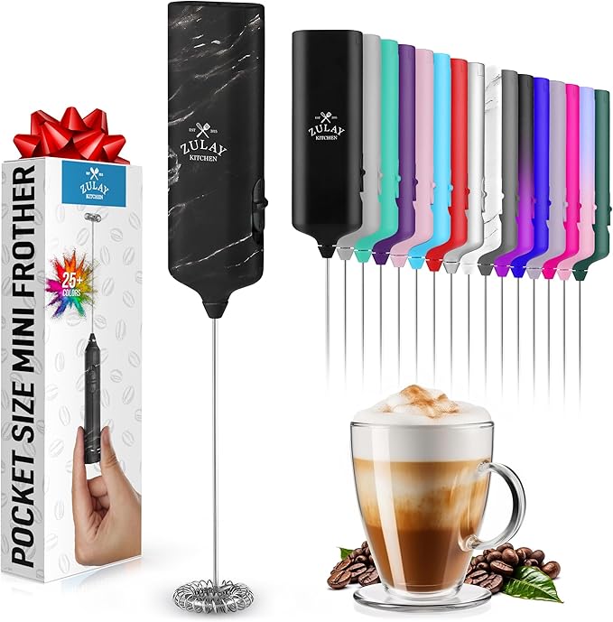 Mini & Mighty Milk Frother Wand – Powerful Handheld Coffee Frother, Battery Operated Drink Mixer – Compact Pocket Size – Detachable Whisk for Latte, Cappuccino, Matcha, Hot Chocolate – Black Marble