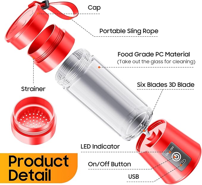 Portable Blender for Smoothies & Shakes - Cordless Personal Size Blender with 6 Blades, 380Ml Juice Cup, Lightweight & Rechargeable, Freshly Squeezed for Picnic/Sports/Office, Mother's Day