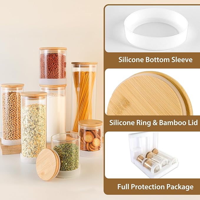 TBWIND Glass Storage Containers with Bamboo Lids – 7 Pack Airtight Clear Glass Jars in Mixed Sizes (17oz/25oz/34oz/53oz/73oz) for Pantry Organization, Kitchen Dry Food, Coffee, Flour, Pasta & Snacks