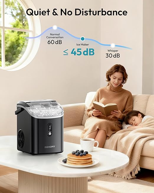 EUHOMY Nugget Ice Maker Countertop with Handle, Ready in 6 Mins, 38lbs/Day, Removable Top Cover, Self-Cleaning, Portable Chewable Ice Maker with Basket, Scoop, for Home/RV/Party/Camping (Black)
