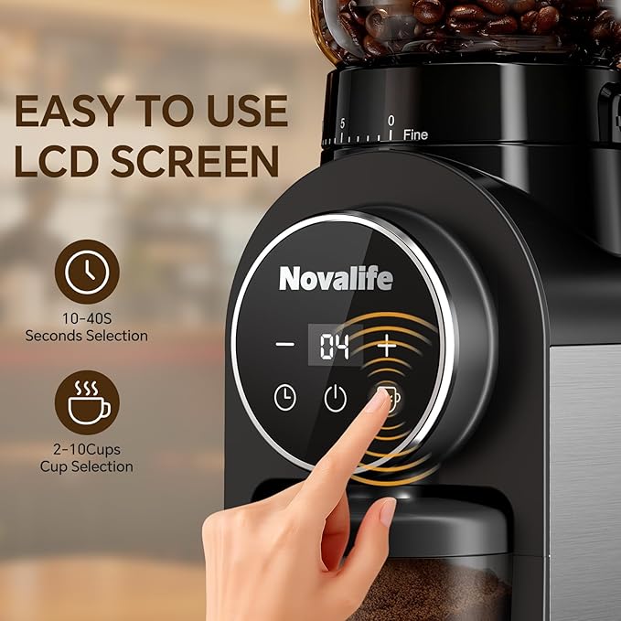 Electric Coffee Grinder, Burr Coffee Beans Grinder with 30 Grinding Settings, Burr Mill Grinder for Home Use, Touchscreen Adjustable 2-10 Cups or 40-Second Timer, Stainless Steel