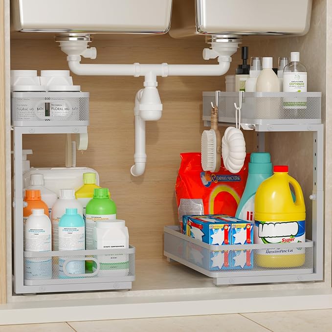 Under Sink Organizer 2 Pack, 2-Tier Slide Out Cabinet Organizer with Metal Sliding Drawer and Hooks, Pull Out Storage Baskets for Kitchen Bathroom Pantry Cabinet Organization (grey)