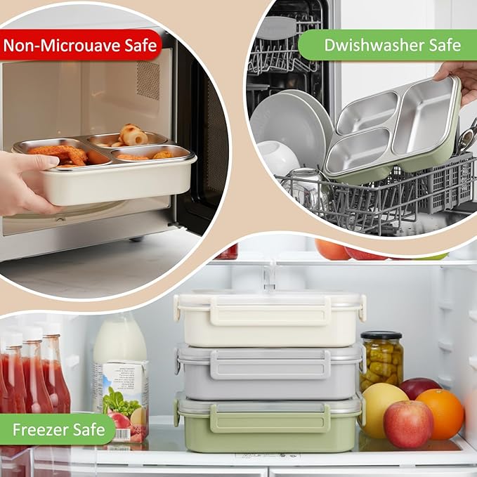 3 Pack Stainless Steel Lunch Boxes 25 oz 3 Compartment Metal Bento Box with 3 Pcs Condiment Containers and Leakproof Lids for Office Outdoor and Gym, Dishwasher Safe