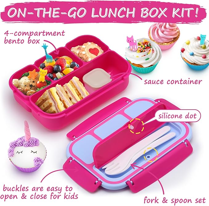 QQKO Bento Box for Kids Adults, School Toddler Lunch Box for Boys Girls, Lunch Box Containers with 4 Compartments, Sauce Container, Utensils, Food Picks and Muffin Cups for School, Pink Blue
