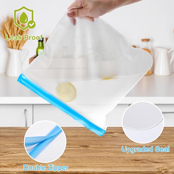 Lerine 6 Pack Reusable Gallon Freezer Bags Dishwasher Safe, BPA Free Reusable 1 Gallon Bags, Leakproof Food Storage Bags for Marinate Meats, Cereal, Vegetables, Home Organization(Gray, 6Gallon)