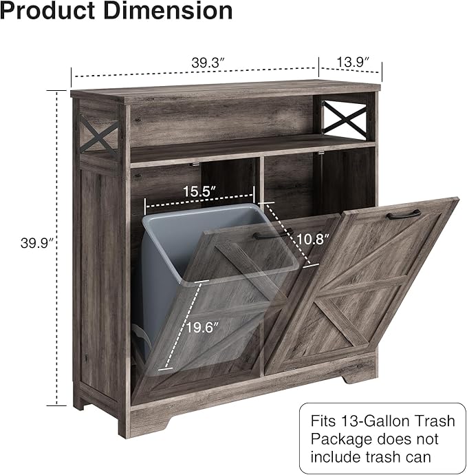 Befrases Double Tilt Out Trash Can Cabinet for 13 * 2 Gallon Garbage Can, Farmhouse Kitchen Garbage Trash Bin for Hidden Laundry Basket, Dual Dog Proof Recycling Cabinet for Dining Living Room, Grey