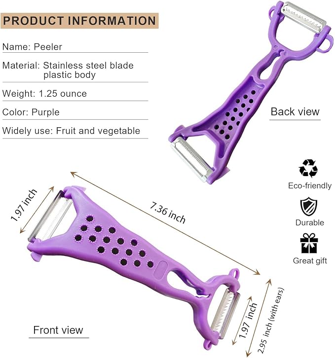 Multi Fruit Vegetable Peeler & Grater, Double Serrated Stainless Steel Blade（Peeler and Grater Function), Sharp Blade for Cucumbers,Carrot, Apples, Potato Eye Remover. Grinding of Garlic and Ginger