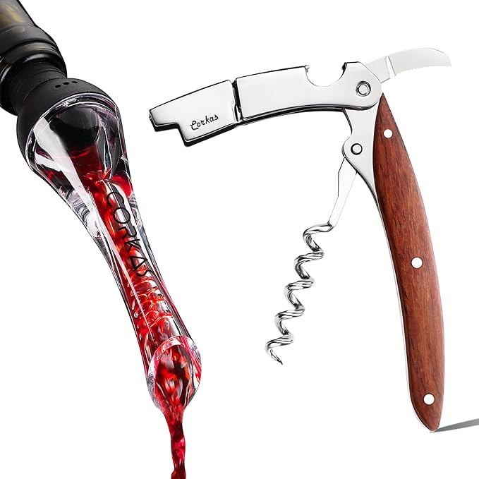 CORKAS 2-in-1 Wine Pourer Aerator and Decanter Spout & Prestige Waiter Corkscrew with Rosewood Handle,Gifts for Thanksgiving Day,Christmas Gift