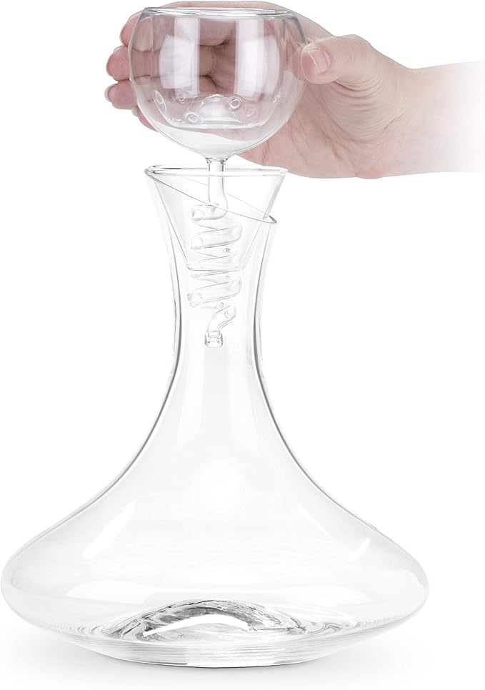 Final Touch Glass Twister Aerator Decanter - Wine Oxygenation System, 3 Phase Aeration, Stainless Steel Filter, Globe Design, Adapter & Stand (WDA918)