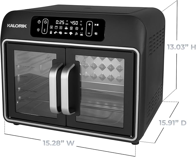 Kalorik Air Fryer Convection Oven Designer Series 26-Quart with Dual Speed Fan Easy Pull French Doors and 14 Smart Cooking Presets, Includes 5 Cooking Accessories, 1700-Watts, Black