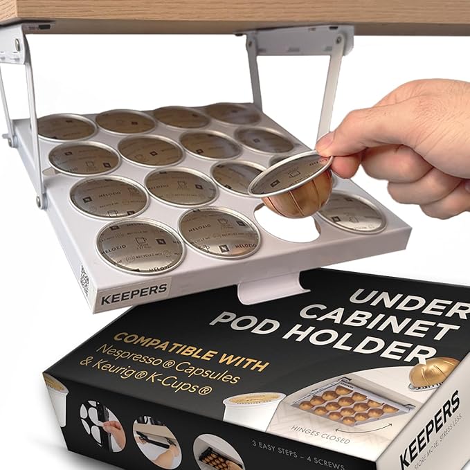 KEEPERS Nespresso® Vertuo® Pod Holder|Under Cabinet Swing Down Coffee Pod Organizer|Keurig® Coffee Pod Holder|K Cup Holder Storage Organizer|Magnet Steel RV Office Small Kitchen 10 x 9in WHITE