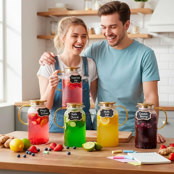 Lounsweer 5 Pack Glass Pitcher with Lid, 68 oz/ 2 Liter Vertical Stripes Water Pitcher with Yellow Handle Mini Rectangle Chalkboard Label and Sponge Cup Brush Housewarming Gifts, Hot and Cold Drinks