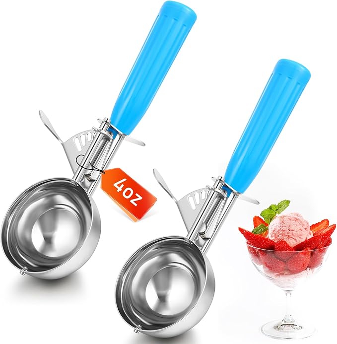 Reallnaive 2 Pcs Release Cookie Scoops Ice Cream Scooper with Trigger Release Portion Scoop Stainless Steel for Portion Control, Baking Food, Cookie Dough (4 oz,Blue)