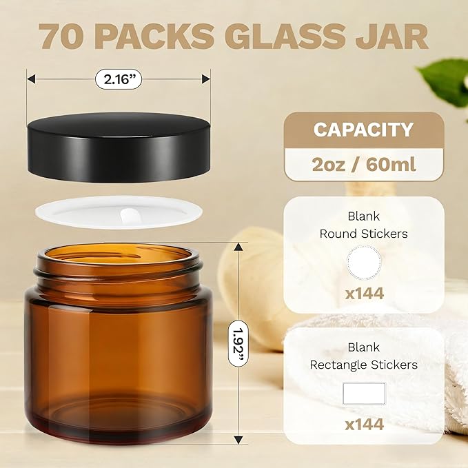 Bumobum 70 Pack 2 oz Small Glass Jars with Lids, Amber Glass Cosmetic Jars with Inner Liners, 60ml Round Empty Sample Containers for Lotion, Cream, Salve, Powders and Ointments Storage