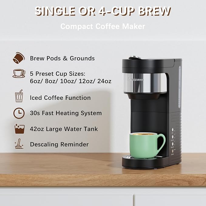 Single Serve Hot & Iced Coffee Maker, for K Cup Pod and Grounds, 6 to 24oz Brew Size, Slim Compact for Small Spaces, Descaling Reminder, with Reusable Filters, Black