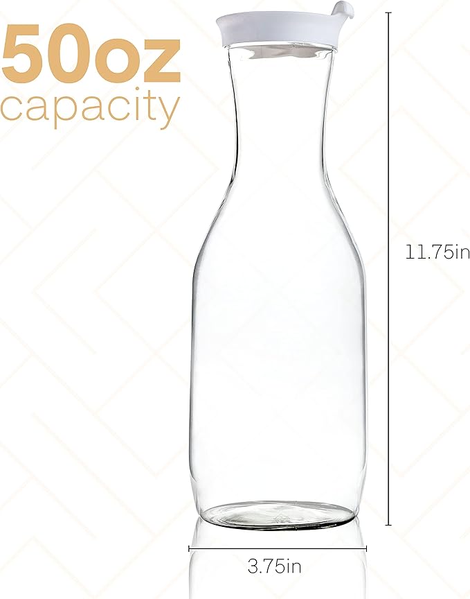 Clear Plastic Water Pitchers Carafes with Flip top White Lids 50 OZ Heavy Duty Beverage Pitcher Jug for Juice or iced Coffee Great for Mimosa bar Restuarants ot Schools Pack of 2