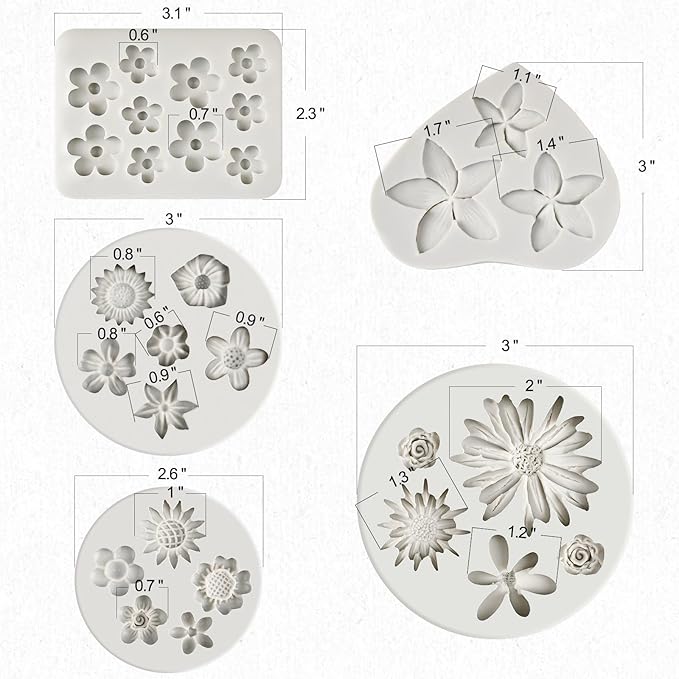 JOERSH 5PCS Silicone Flower Molds, Non-Stick Daisy Sunflower Fondant Chocolate Molds for Dessert Cake Decorating, Cupcake Topper, Cake Pop, Candy