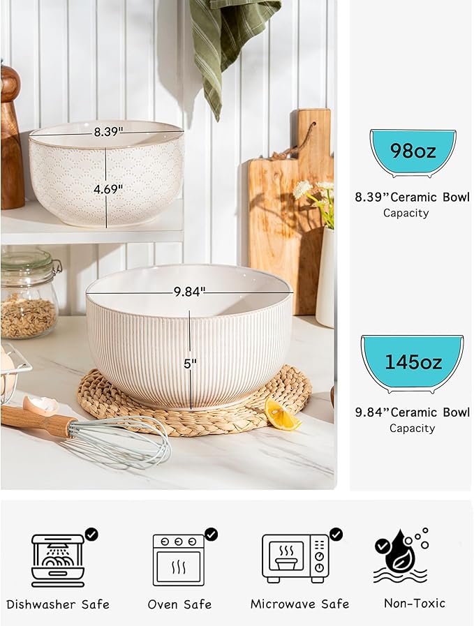 Mikiegy Ceramic Mixing Bowls Set of 2, Nesting Ceramic Embossment Stoneware Mixing Bowls for Cooking, Serving, Popcorn, Salad etc, Microwave & Dishwasher Safe, 98/145 oz, Off-White