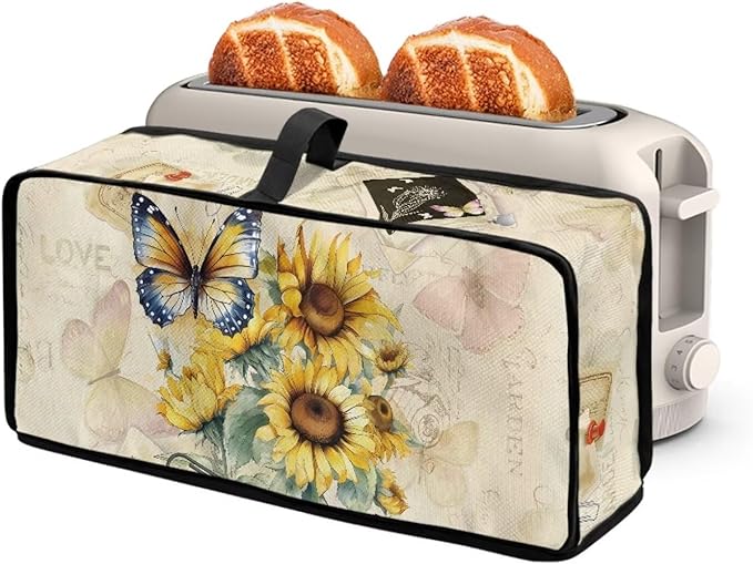 Toaster Cover 2 Slice Sunflower Butterfly Water-Resistant Folding 2 Slice Slim Toaster Cover, Heat-Resistant Dustproof Protective Covers for Small Appliance, Beige