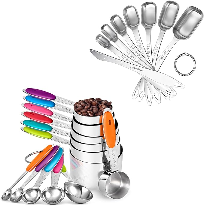U-Taste 18/8 Stainless Steel Measuring Cups and Spoons Set of 12, and 18/8 Stainless Steel Square Measuring Spoons Set of 8 (Multicolor+Silver)