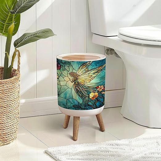 Trash Can with Lid Fairyland Stained Glass Art Opalescent Fairy Press Top Round Small Garbage Bin with Wooden Legs Waste Basket for Kitchen Bedroom Nursery 7L/1.8 Gallon
