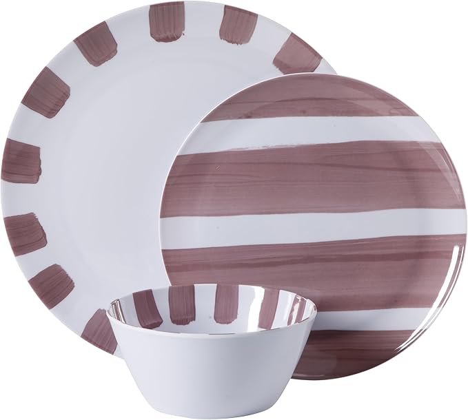 Gibson Home Cottage Stripes 12-Piece Melamine Plates and Bowls Dinnerware Set - Outdoor, Camping, & Everyday Use - Assorted Colors