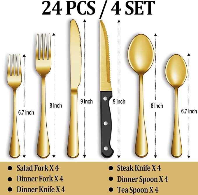 24 Pcs Gold Silverware Set with Steak Knives, Stainless Steel Flatware Cutlery Set Service for 4, Kitchen Tableware Set, Utensil Set for Home and Restaurant, Knives Forks Spoon Set, Dishwasher Safe