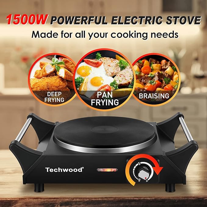 Hot Plate, Techwood Electric Stove for Cooking, 1500W Countertop Single Burner with Adjustable Temperature and Handles, 7.3” Cooktop for RV/Home/Camp, Compatible for All Cookwares Black