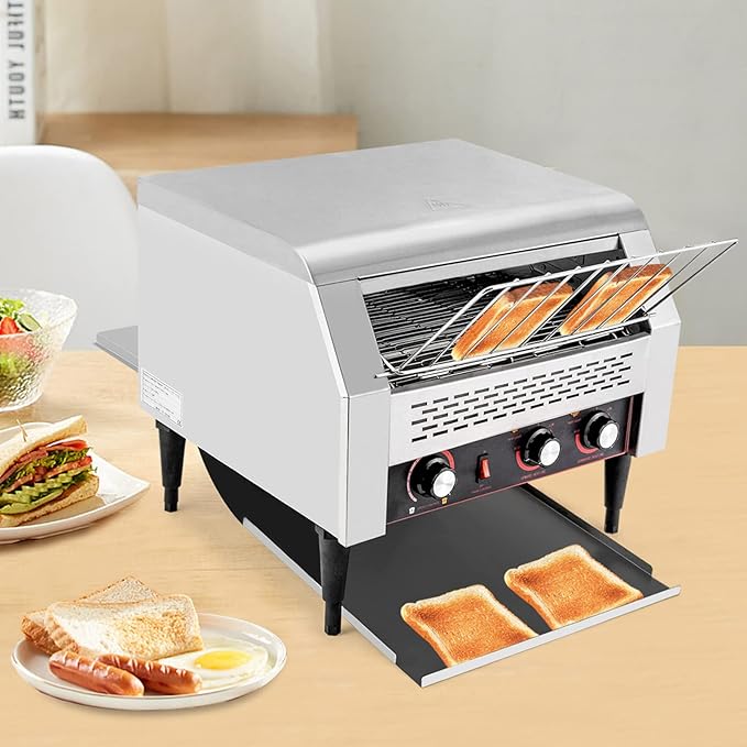 Commercial Conveyor Toaster 2600W, 450 Slices/Hour Stainless Steel Bread Oven with Dual Temp Control & Double Chutes - 7-Speed Adjustable