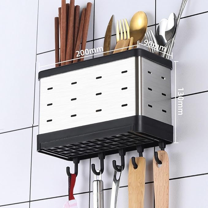 Wall Mount Utensil Holder, Stainless Steel Hanging Utensil Drying Rack Silverware Cutlery Organizer for Spoons, Forks, Chopsticks