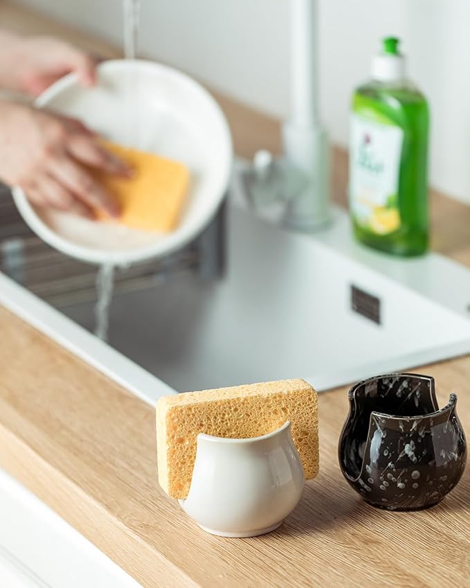 Sponge Holder for Kitchen Sink Counter, Ceramic Dish Sponge Caddy White Sink Organizer Dish Rack Farmhouse Brush Holder for Bathroom, Kitchen, White