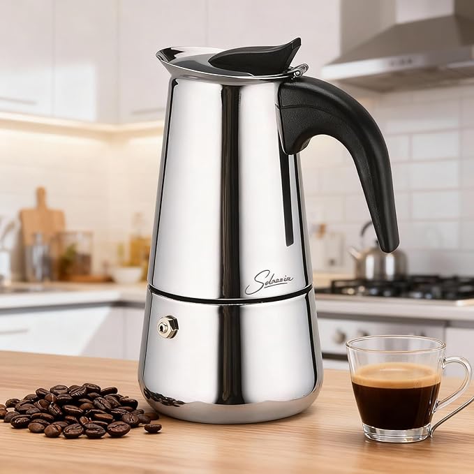 Espresso Maker 4 Cup Moka Pot Stainless Steel Percolator coffee pot, Compatible with Gas, Electric, Ceramic, and Induction stovetops(6.6 fl oz/200 ml)