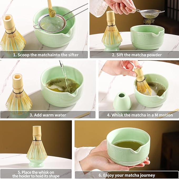 Matcha Tea Set, 5-Piece Ceramic Matcha Bowl & Whisk Kit with Cute Cat Pattern, Traditional Japanese Chawan, Scoop & Sifter, Perfect for Tea Ceremony, Gift for & Tea Lovers (green)