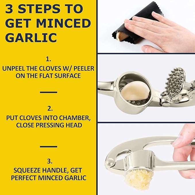 Premium Garlic Press Stainless Steel - Elevate Your Culinary Experience with Our Premium Garlic Mincer, Crusher & Peeler Set, Dishwasher Safe & Rust-proof (Imperial Silver)