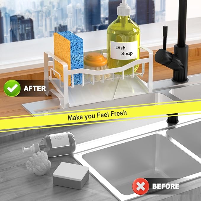 Maifan Stainless Steel Kitchen Sink Caddy Organizer with Auto Drain Tray, Sponge Holder for Countertop Storage (White)