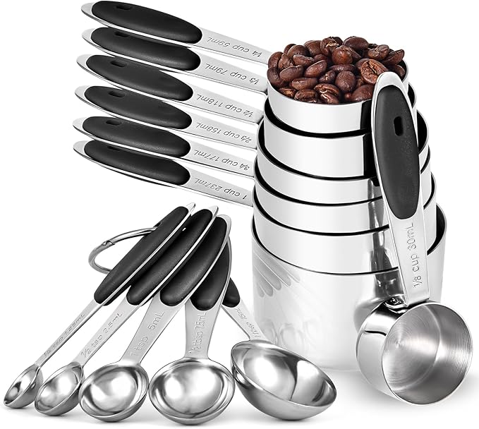 U-Taste Measuring Cups Spoons Set: 18/8 Stainless Steel 12 Pieces Stacking Kitchen Baking Cooking Food Measure Scoop Set, 7 Cups & 5 Spoons with Strengthened Weld Joints (Black, Upgraded Version)