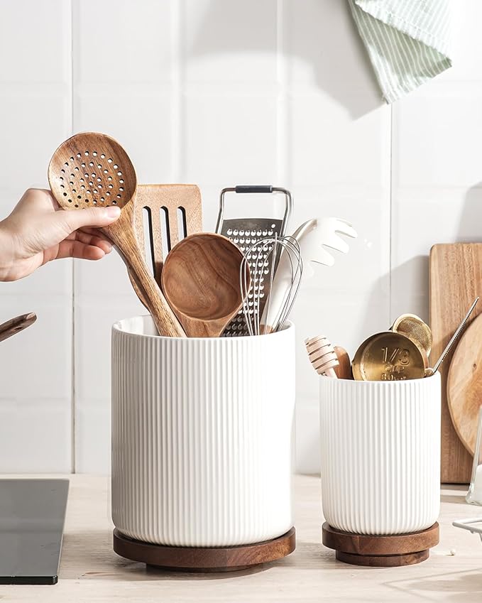 getstar Large Rotating Utensil Holder for Kitchen Counter,7.9"+6" Ceramic Utensils Crocks Set for Countertop Large & Small Utensil Organizer for Spatula Farmhouse Kitchen Decor