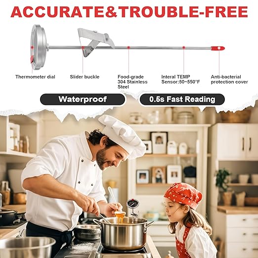 Glow-in-The-Dark Candy Thermometer Waterproof IP67-9" Deep Fry & Candy Thermometer with Pot Clip – High-Heat, Waterproof for Oil, BBQ, Candle Making，Black