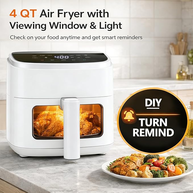 Simple Deluxe 8-in-1 Air Fryer 4 Qt, Digital Preset Airfryer with Visible Window, Nonstick and Dishwasher-Safe Basket for Chips, Bake, Wings, 60-Min Timer, 1500W, White
