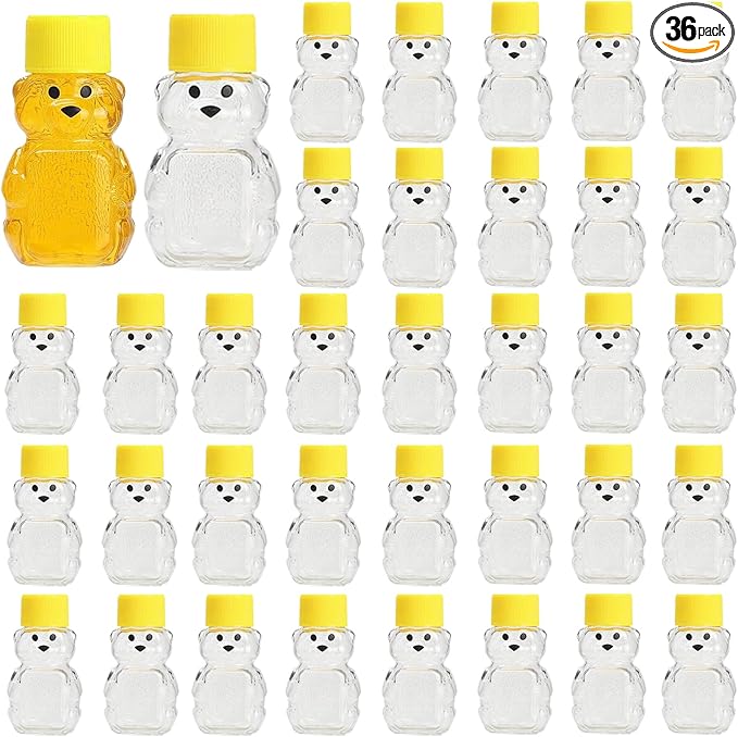 36 Pcs Honey Bear Bottle, 2oz Plastic Honey Squeeze Bottle Honeybear Squeeze Jars, Cute Mini Empty Container with Yellow Flip-top Lid for Syrup Sauce Juice Storing and Dispensing