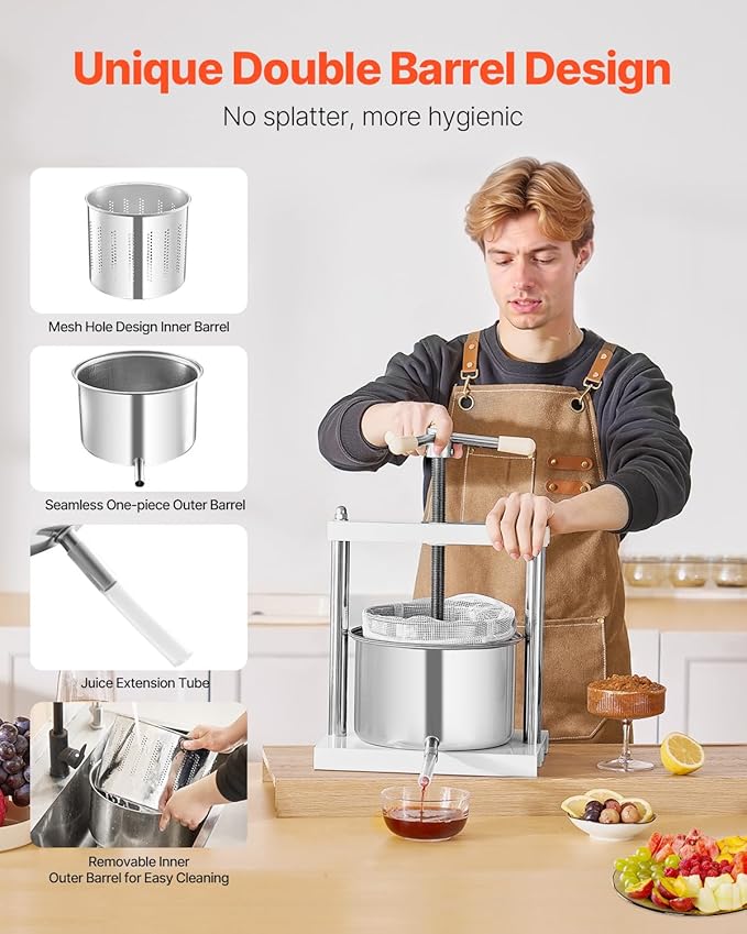 VEVOR 1.45 Gal/5L Fruit Wine Press, 2 Stainless Steel Barrels, Manual Juice Maker, Cider Apple Grape Tincture Honey Olive Oil Making Press with Triangular Handle for Outdoor Kitchen Home