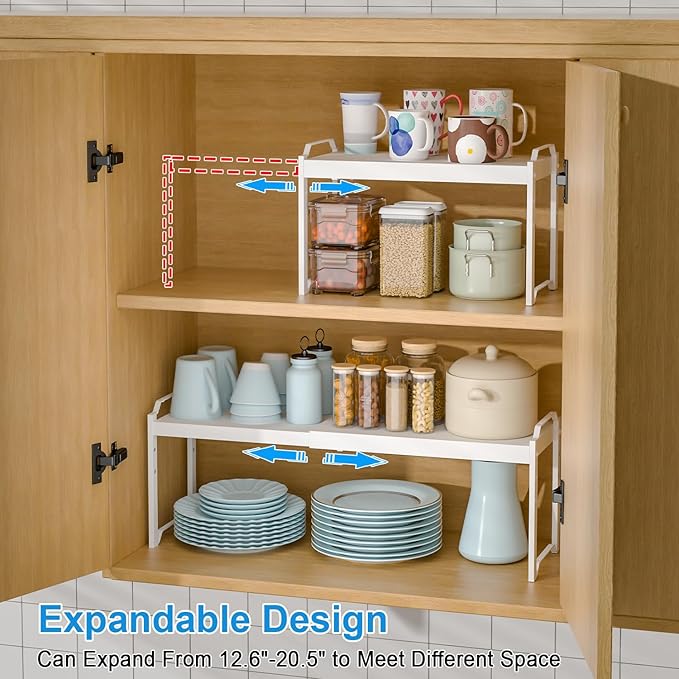 2 Pack Expandable Kitchen Cabinet Shelves Organizers, Stackable Adjustable Small Storage Shelf Rack Stand Riser for Pantry Cabinet Cupboard Kitchen Counter Organization, 22 lbs Capacity, Length:20.5"