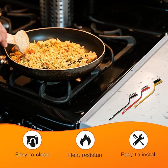 Stove Gap Covers Stainless Steel 2PC(0.08"–0.7"W,13.8"–27.5"L)+4PC Gas Burner Covers+2PC Oven Liners+30"(2x15") Silicone Magnetic Stove Shelf|Universal Gas Stove Accessory Bundle Bonus 3 Brushes